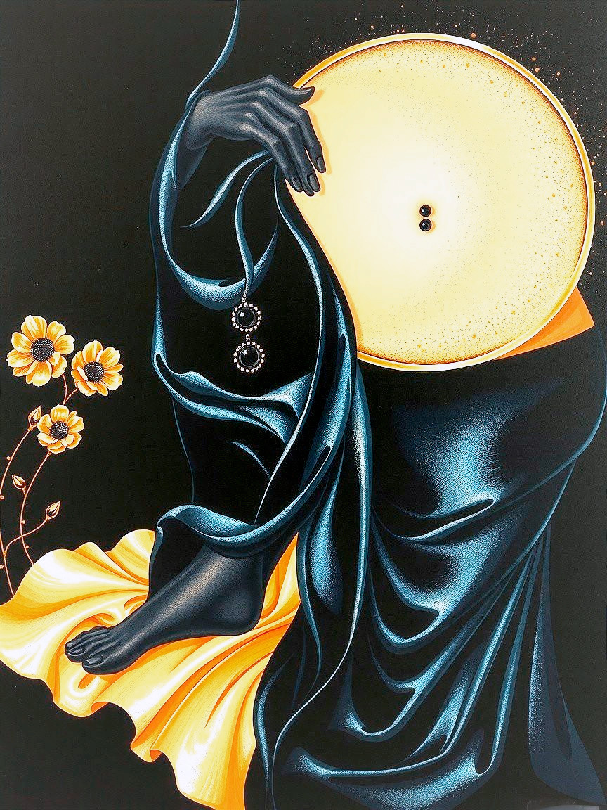 Figure in Flowing Fabric Holding Glowing Circular Object