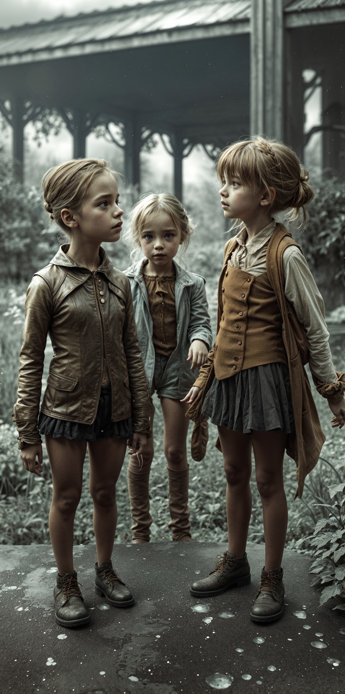 Three Girls in Misty Overgrown Greenery Setting