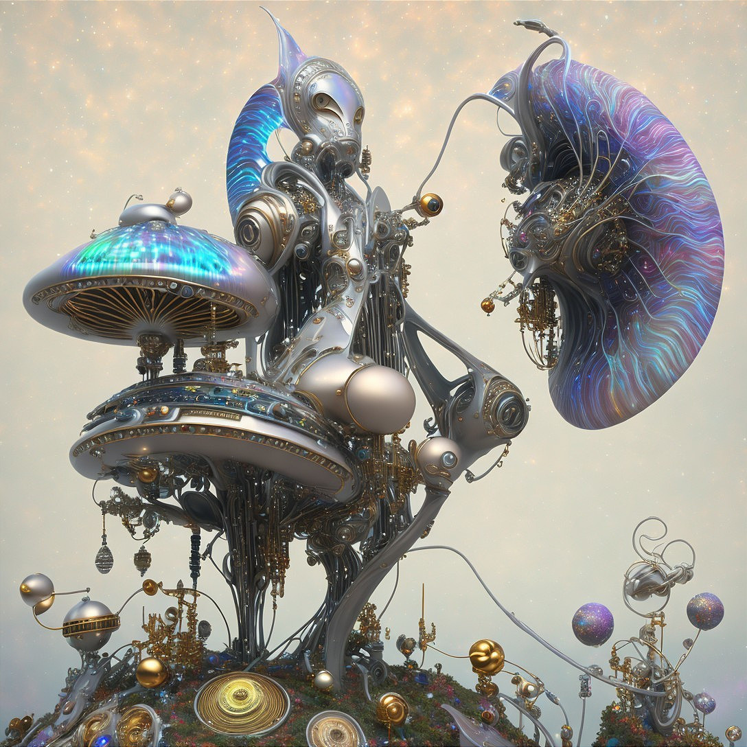 Futuristic Scene with Towering Figure and Surreal Structures