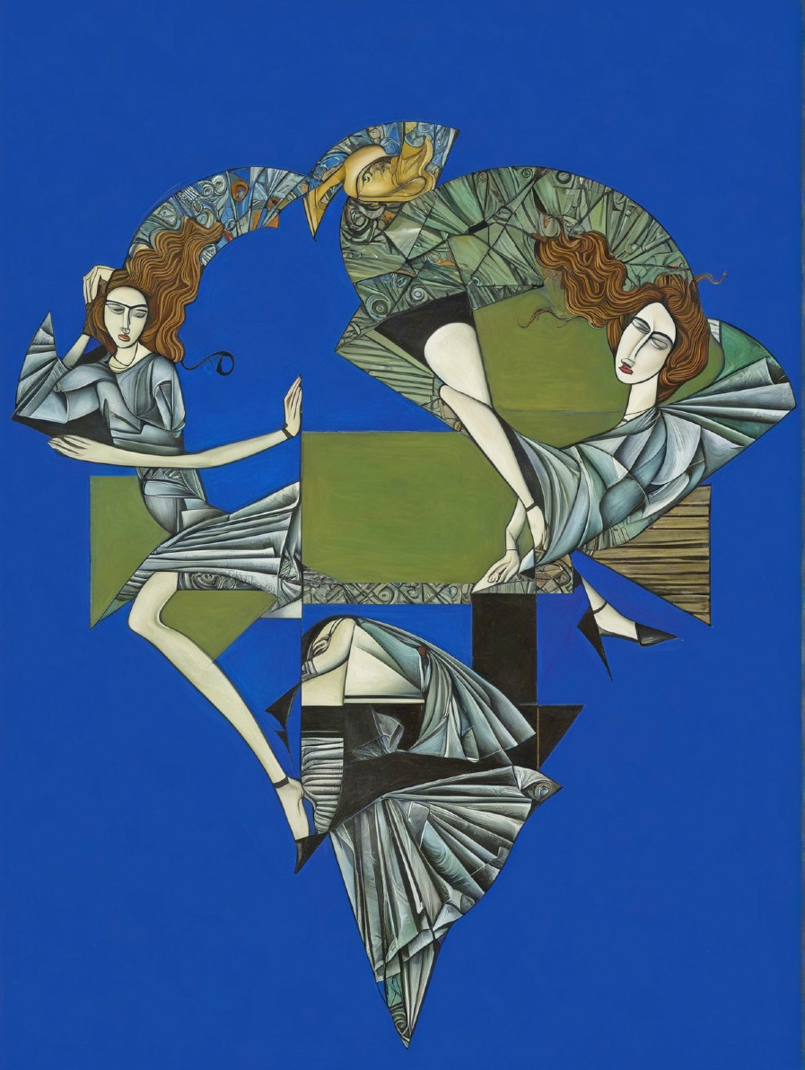 Surreal Artwork of Abstract Female Figures on Blue Background