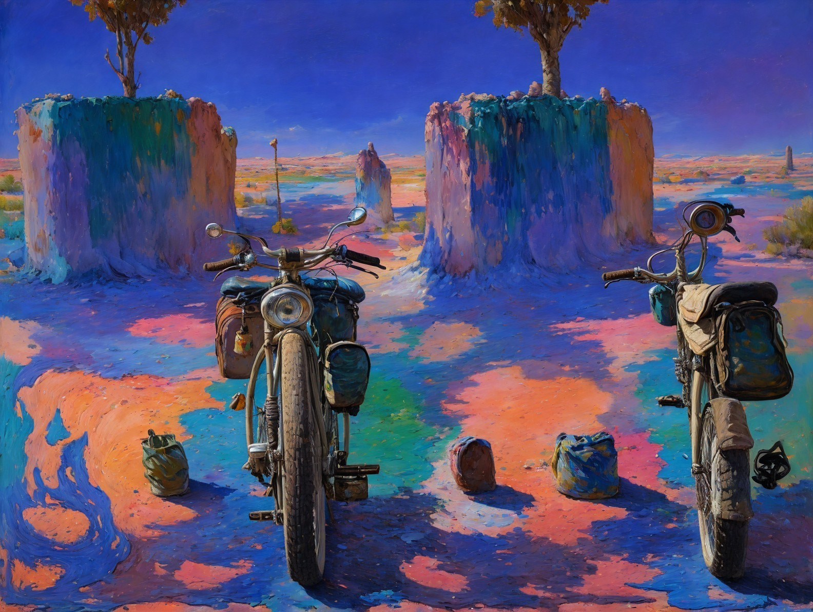 Vintage Motorcycles in Surreal Colorful Landscape