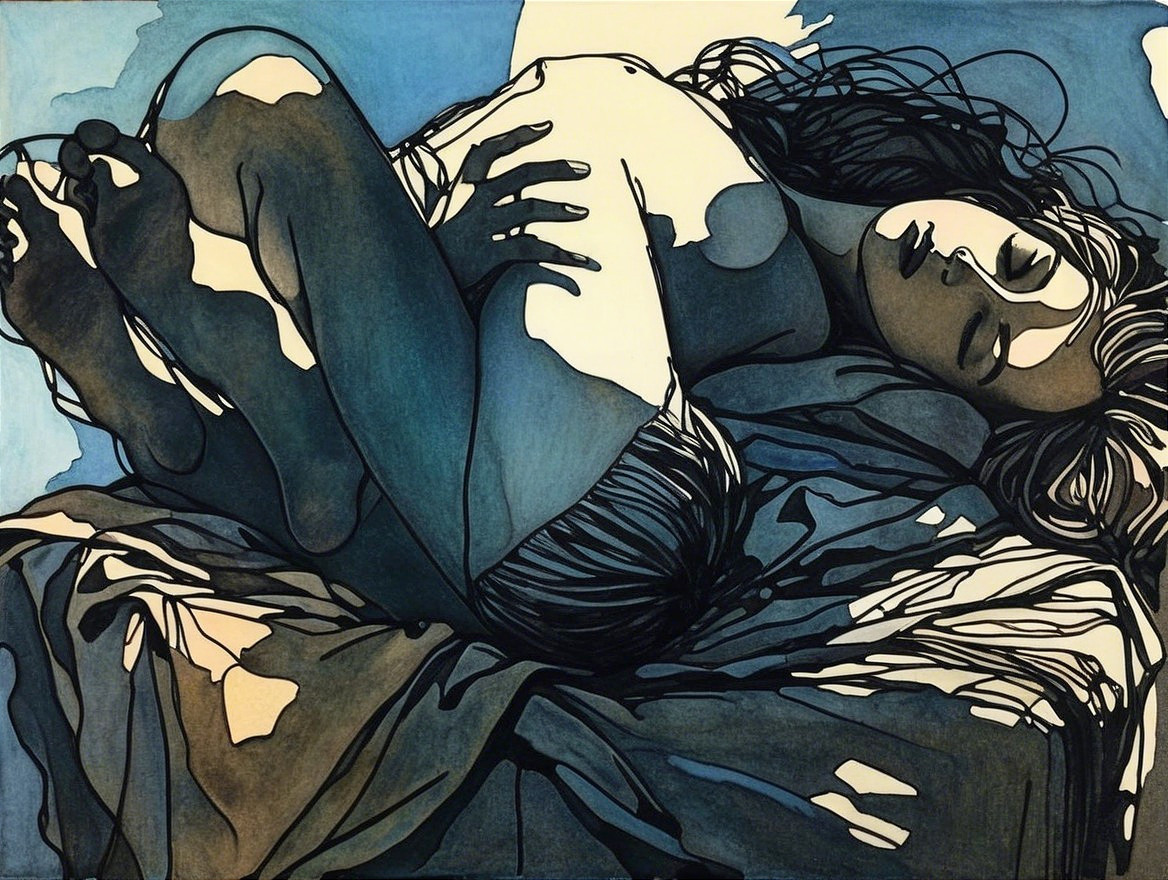 Reclining Figure on Textured Fabric in Blue and Brown