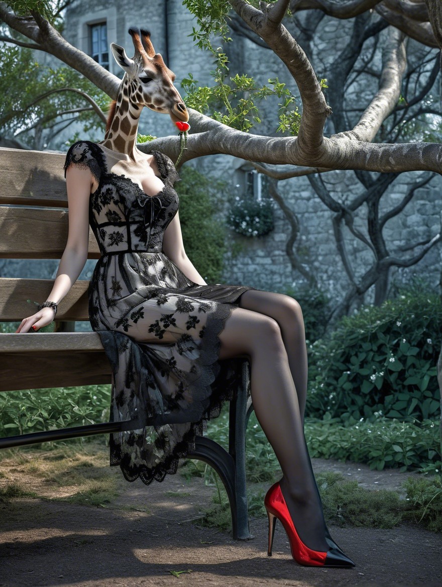 Surreal scene of a woman with a giraffe head in nature