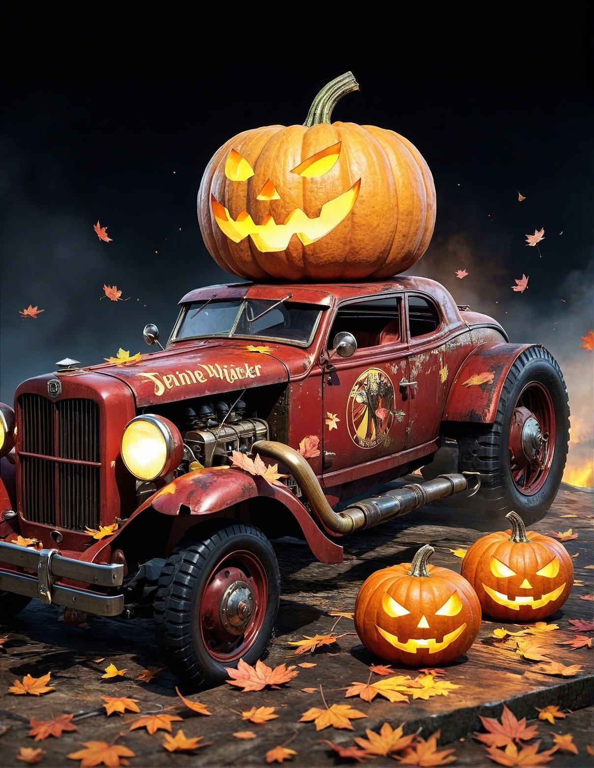 Vintage Hot Rod with Pumpkin and Autumn Leaves