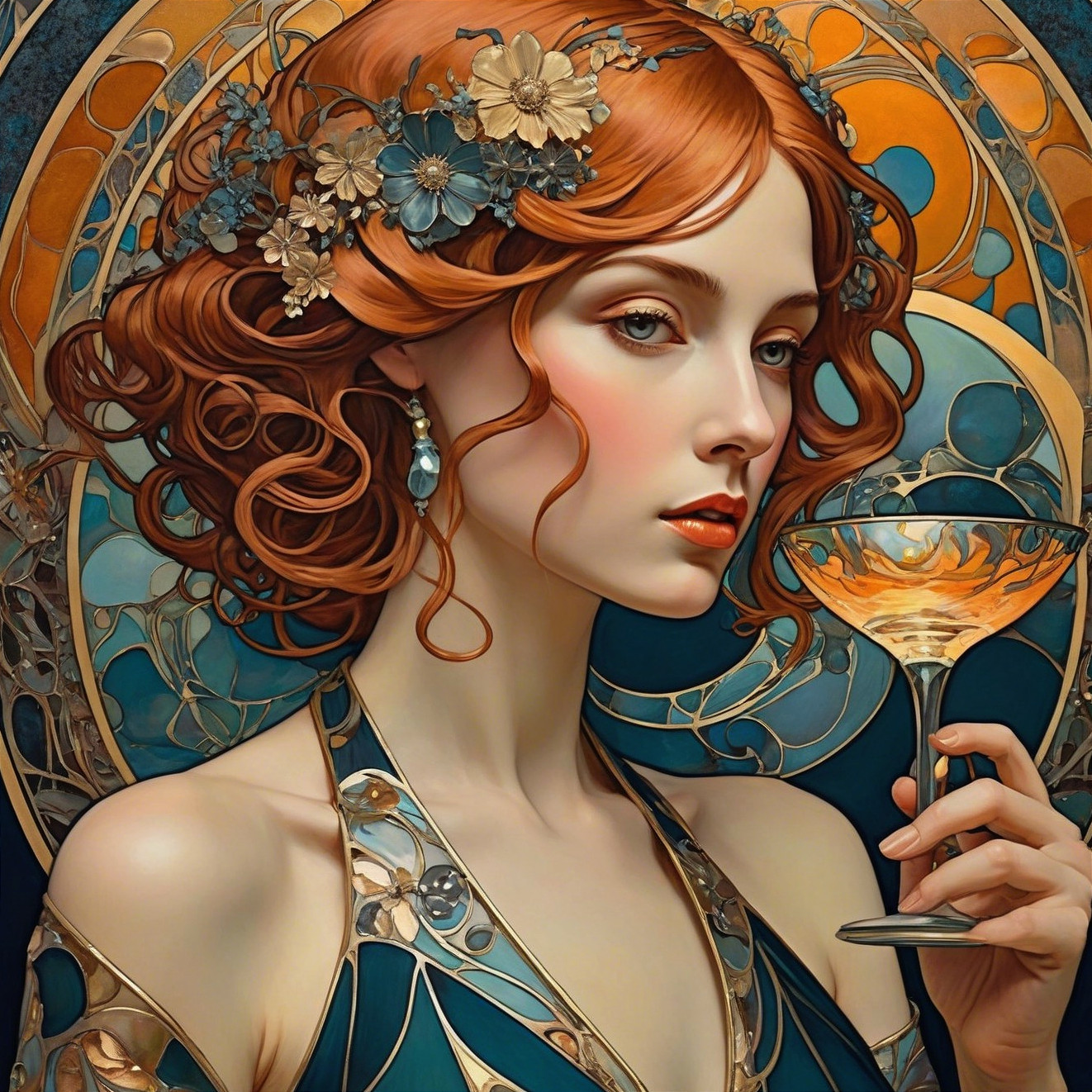 Art Nouveau Portrait of a Woman in Teal Gown