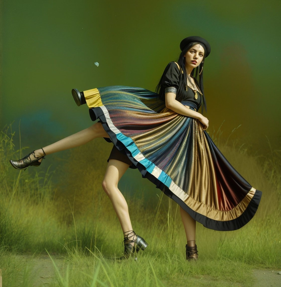 Model in Vibrant Skirt Against Colorful Background