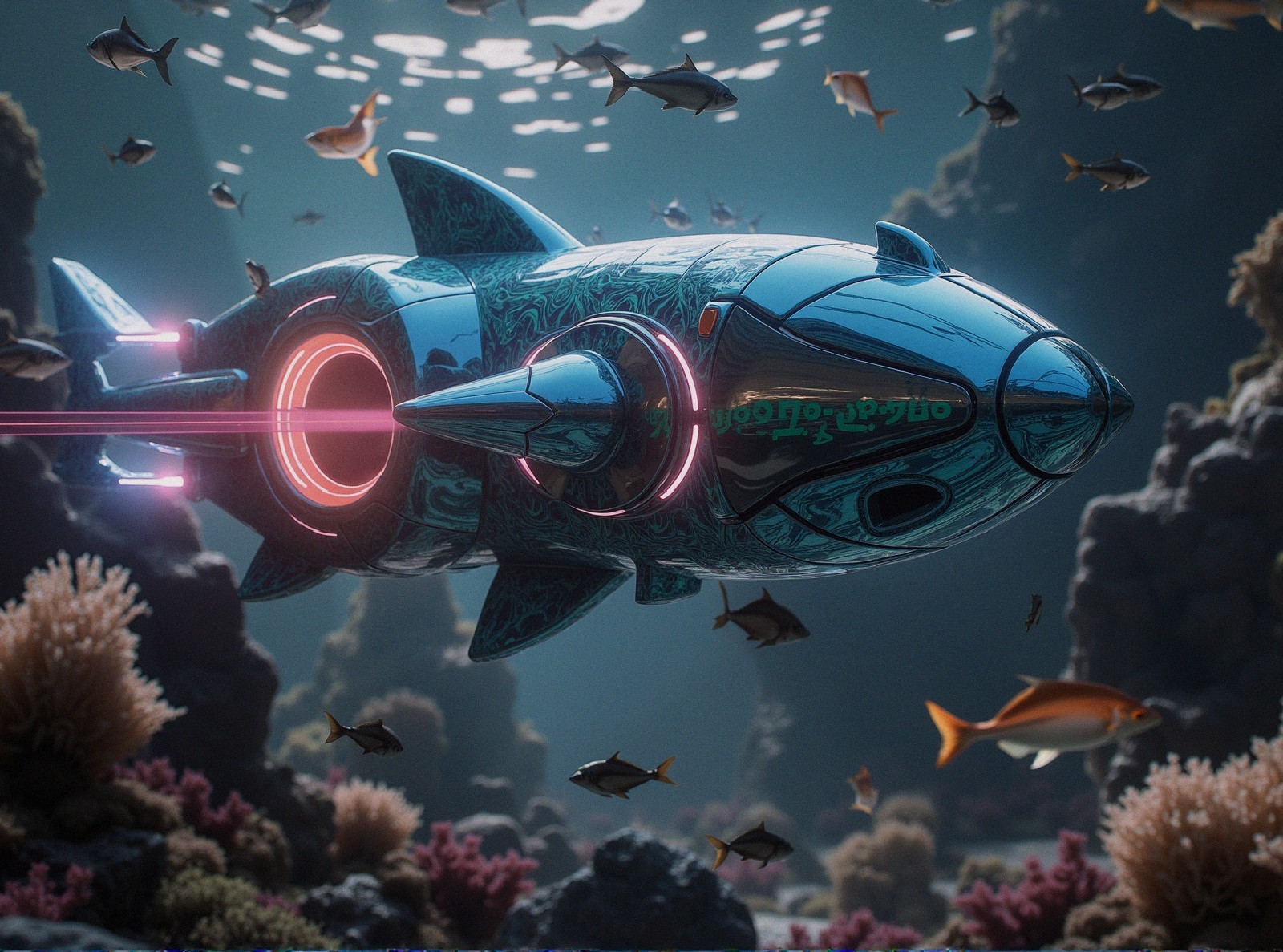 Futuristic submarine in vibrant underwater scene