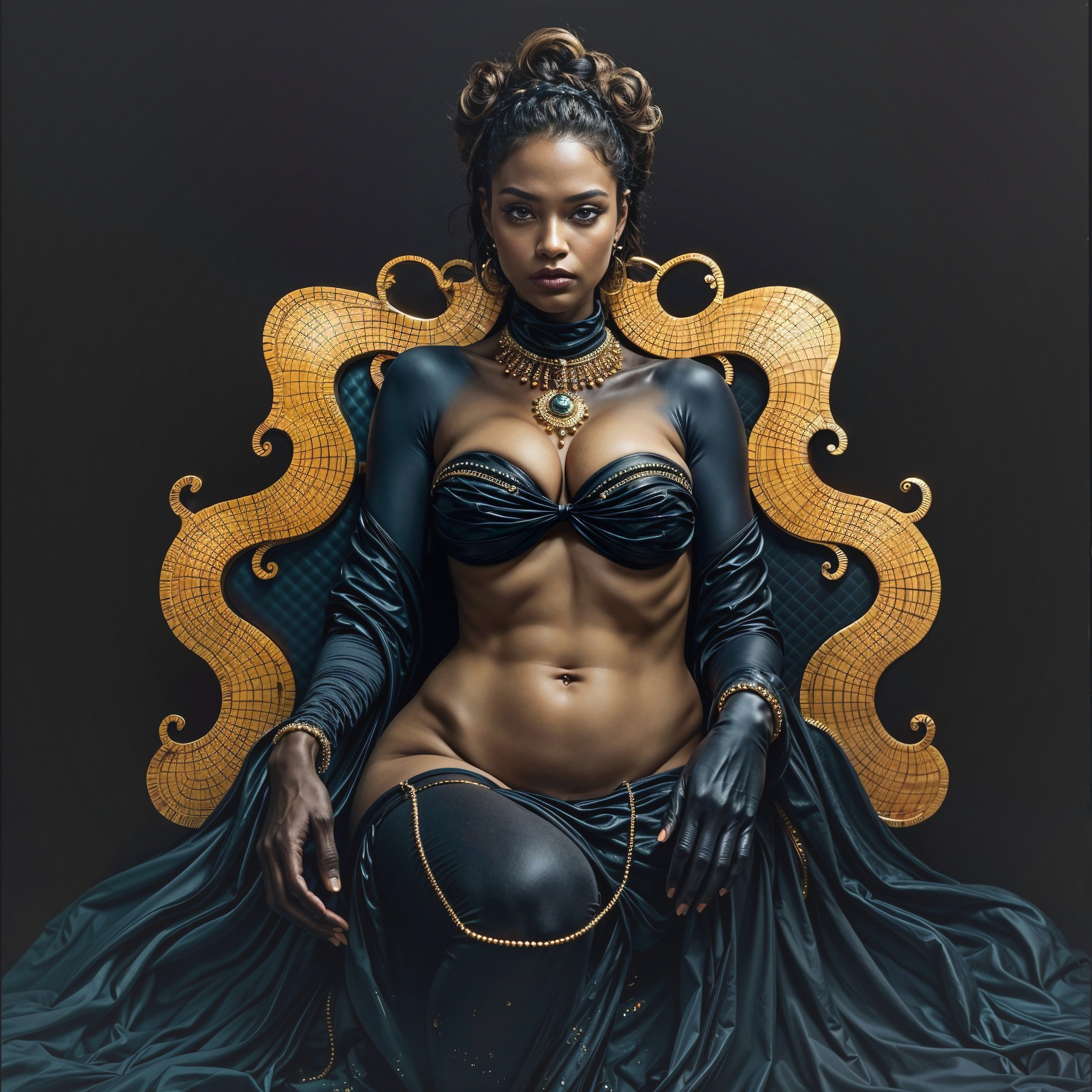 Confident Figure on Ornate Throne in Dark Setting