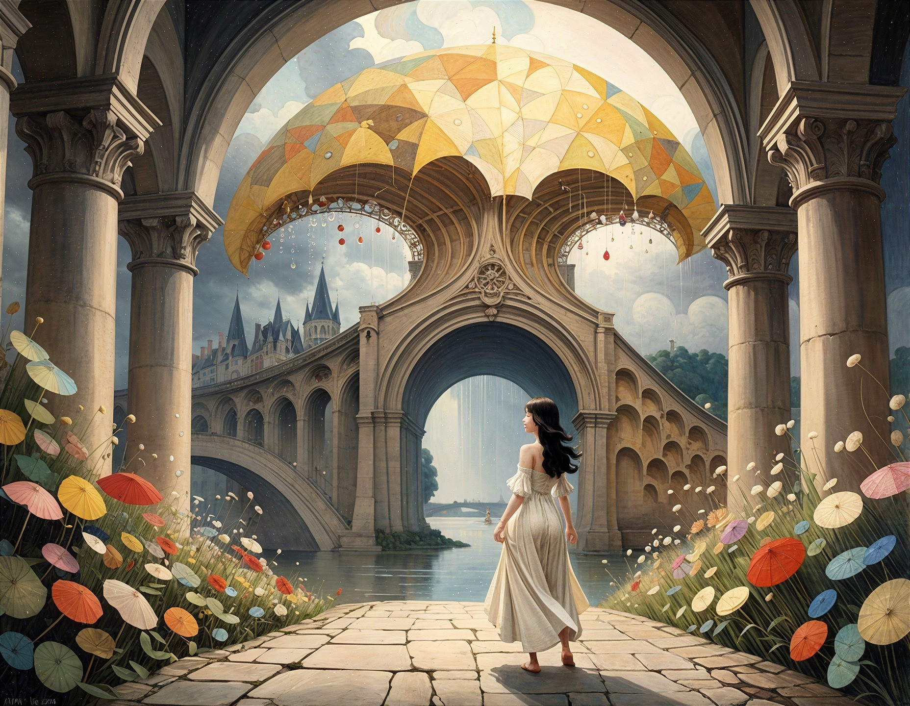 Serene Landscape with Woman and Golden Umbrella Structure