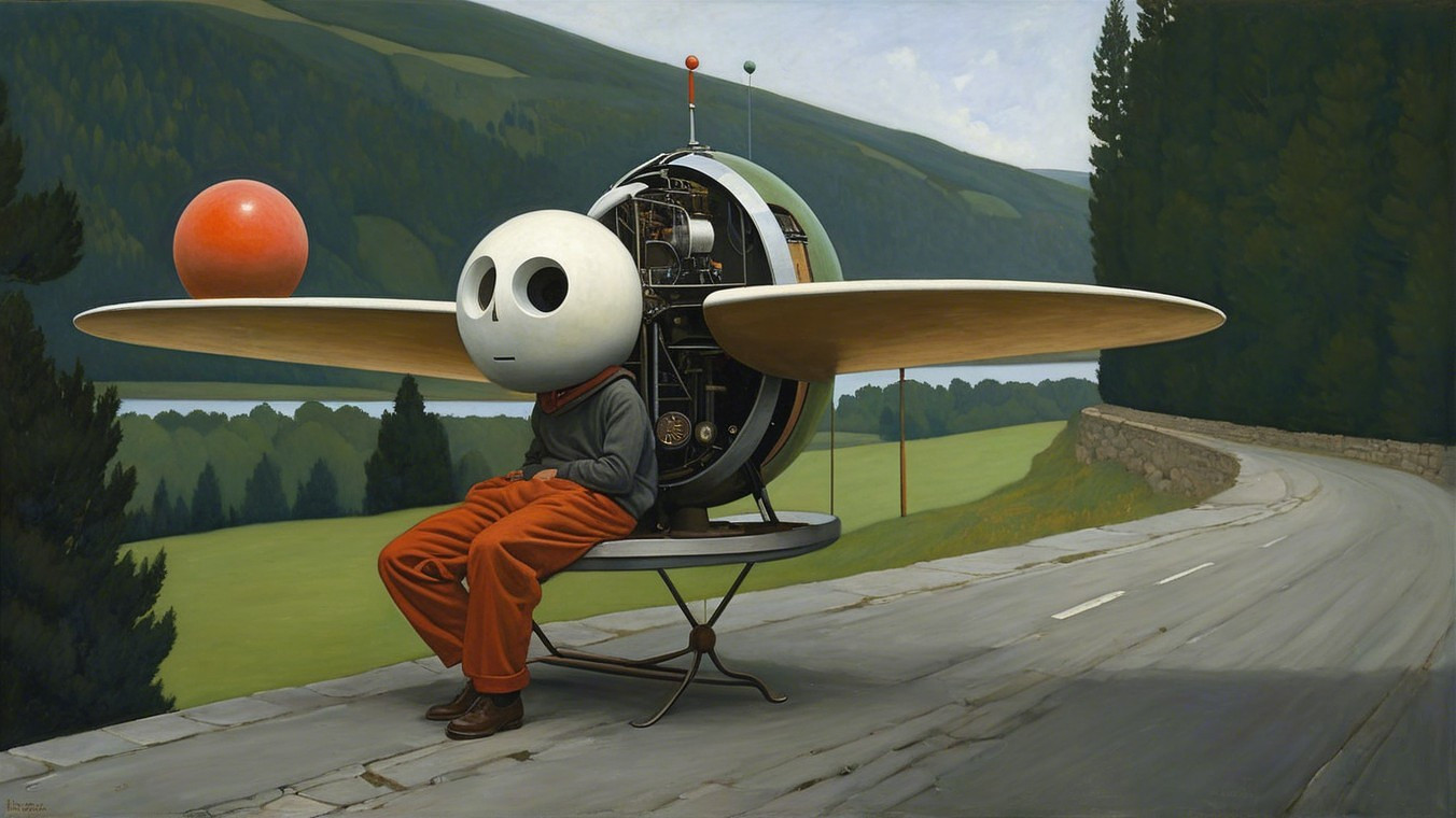 Whimsical Scene of a Figure on a Flying Machine