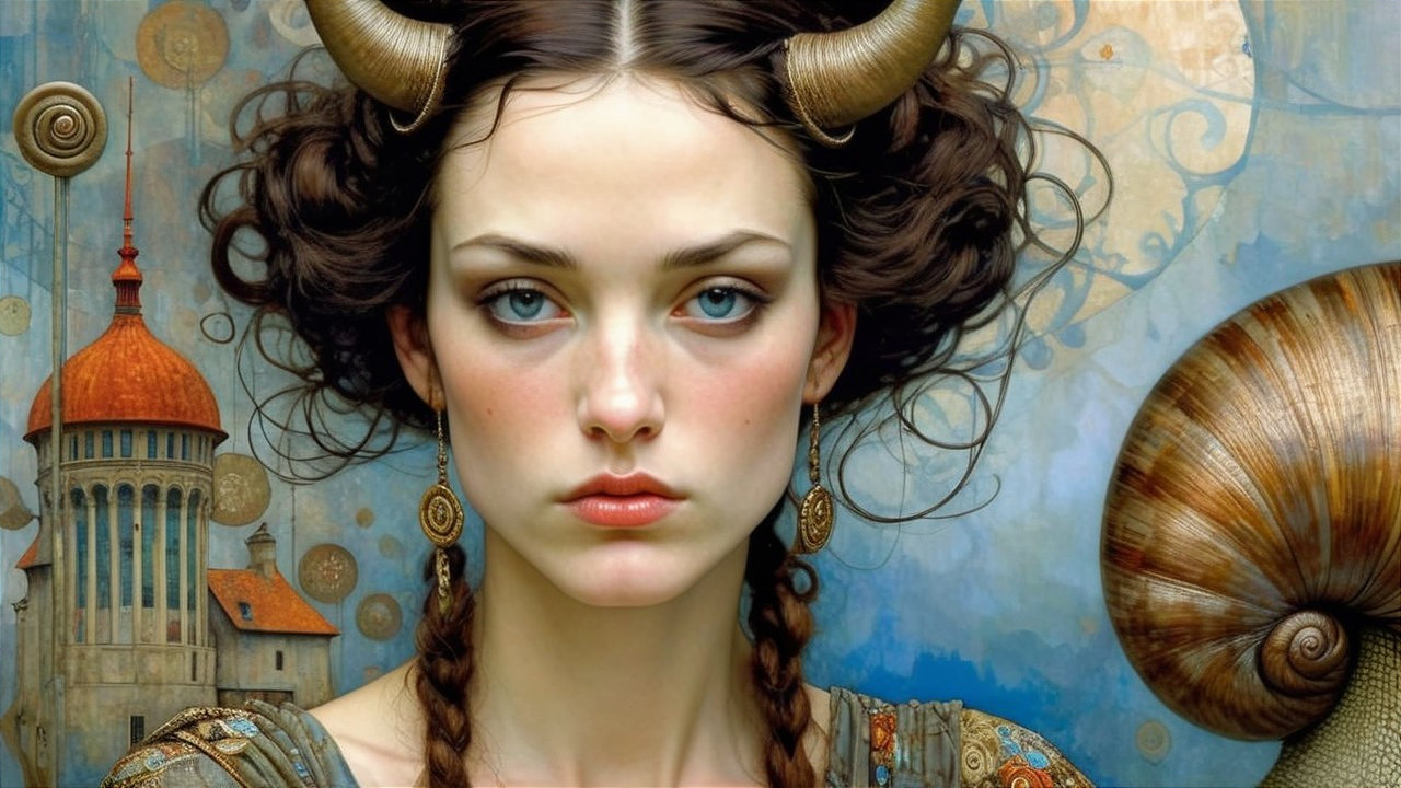 Portrait of a Young Woman with Twisted Horns and Patterns