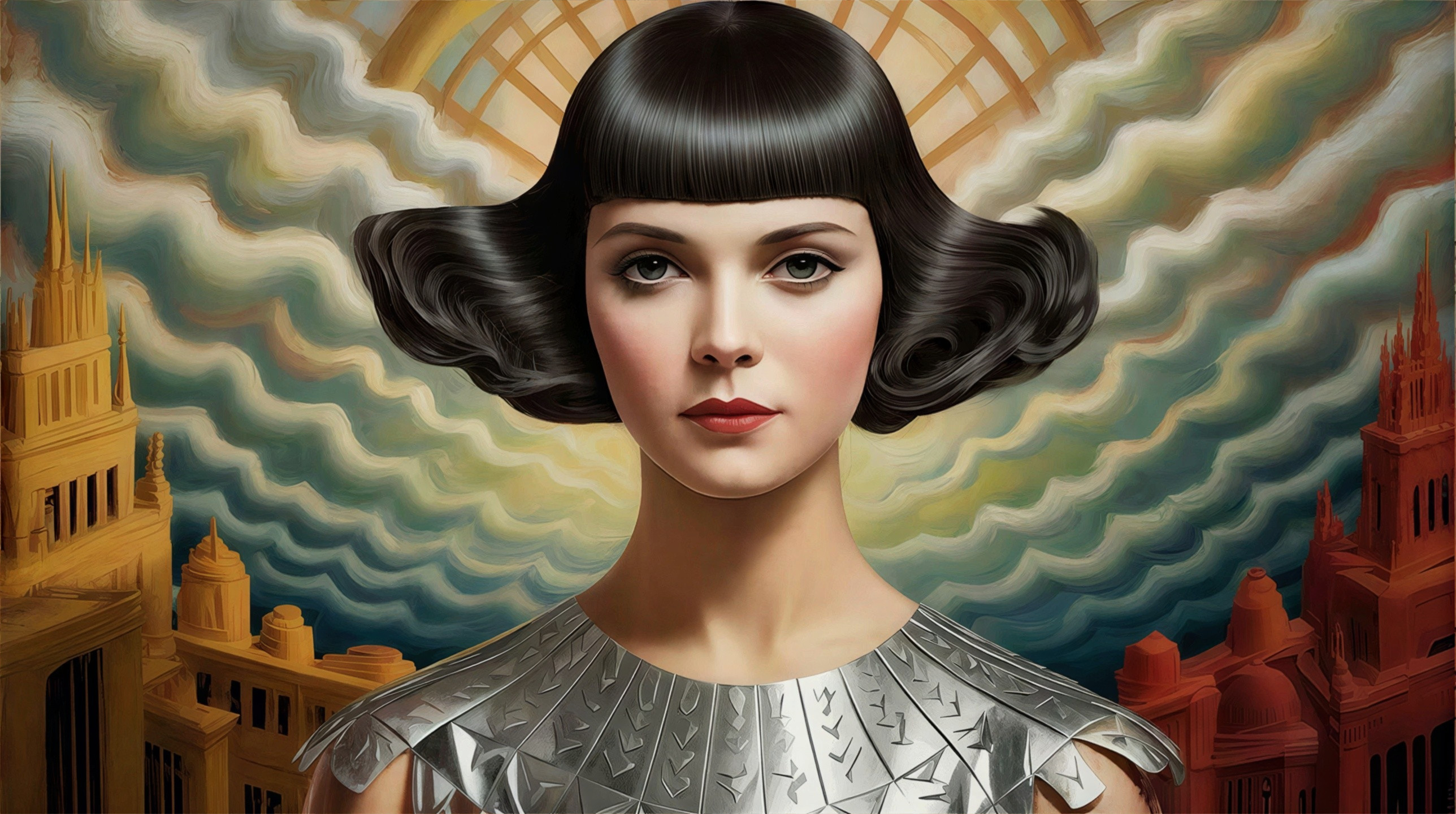 Surreal Painting of Woman in Metallic Top and Cityscape