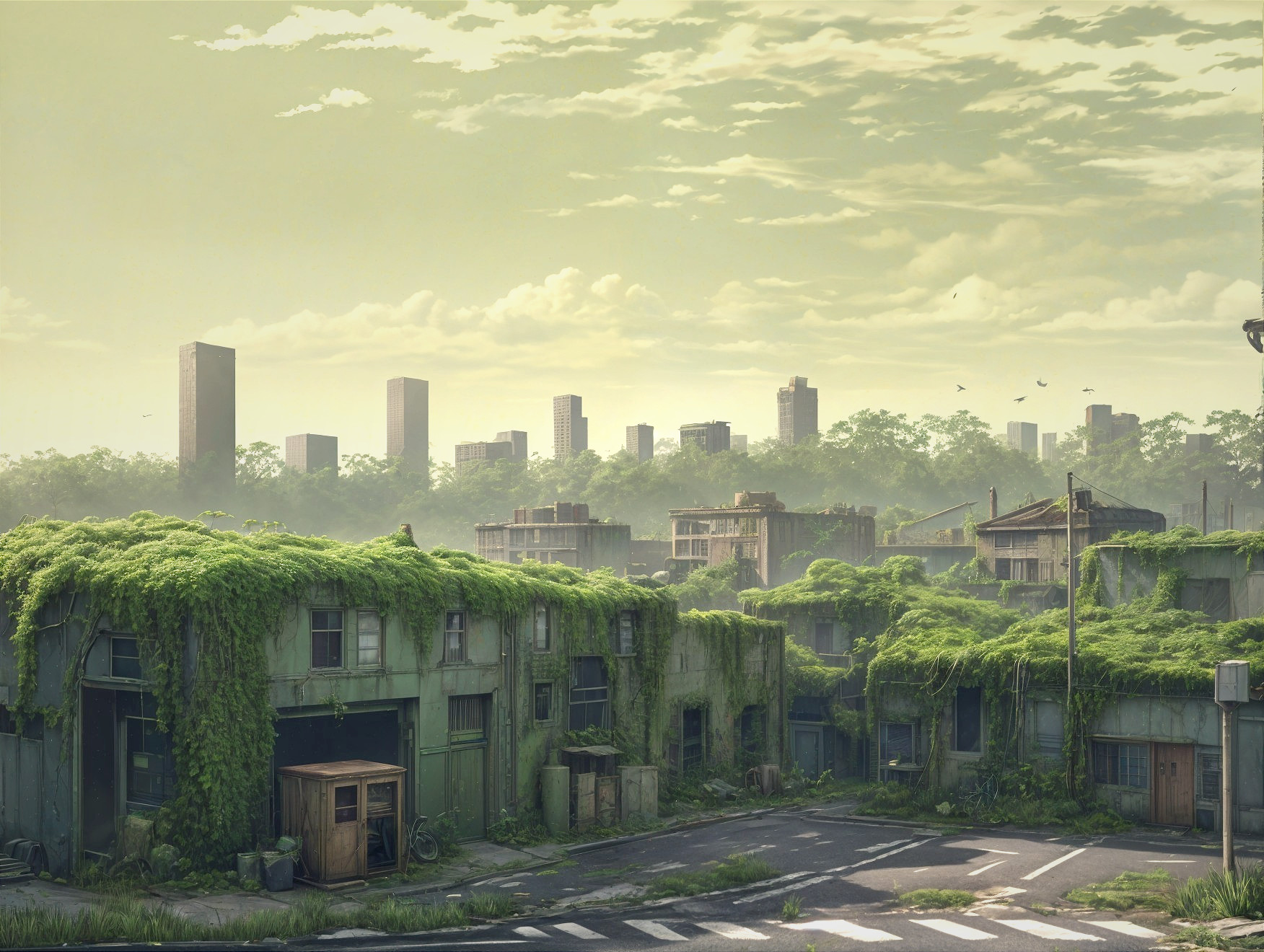 Post-Apocalyptic Landscape with Urban Decay and Nature