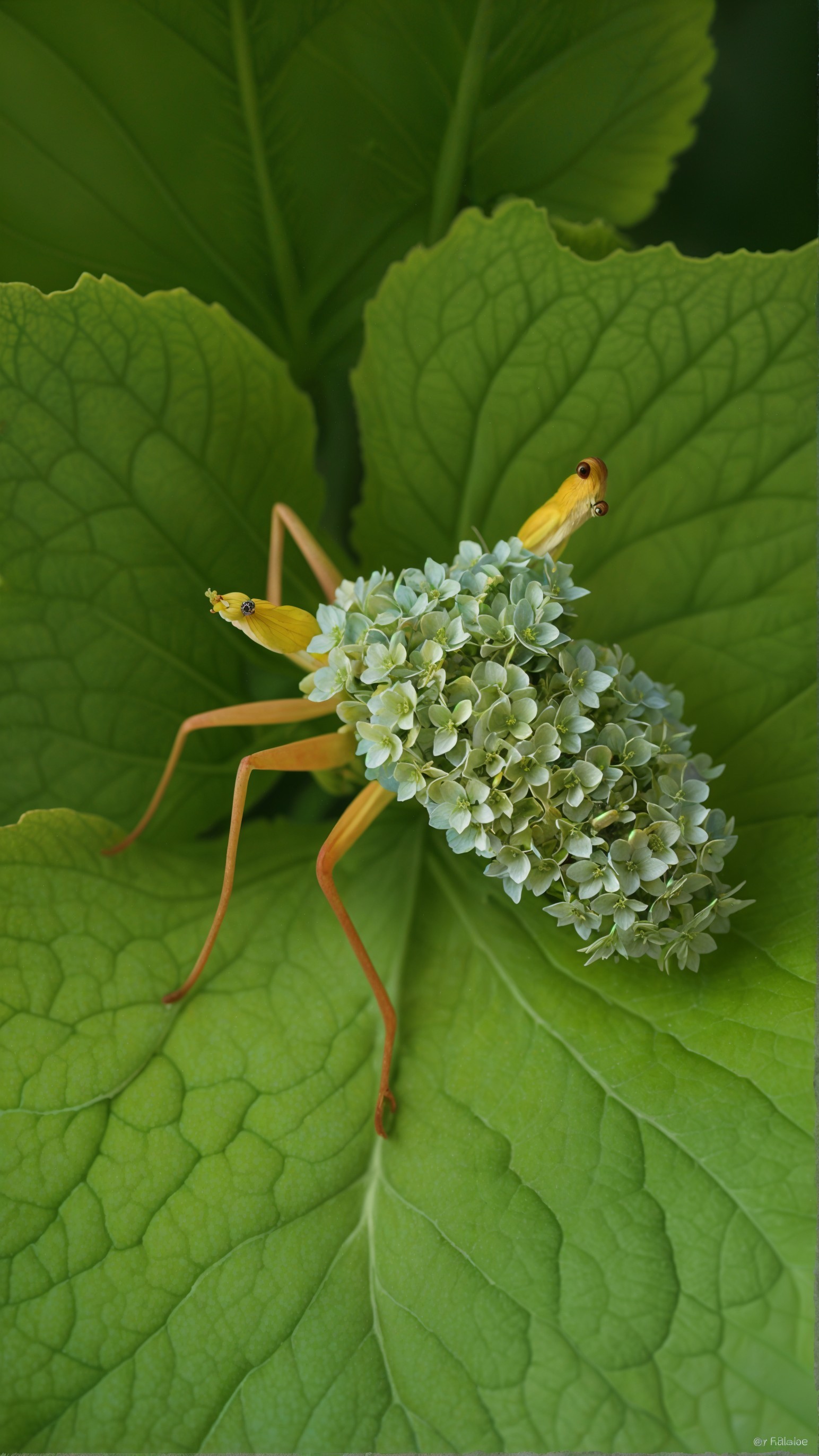 Insect Resembling Flower Among Green Leaves