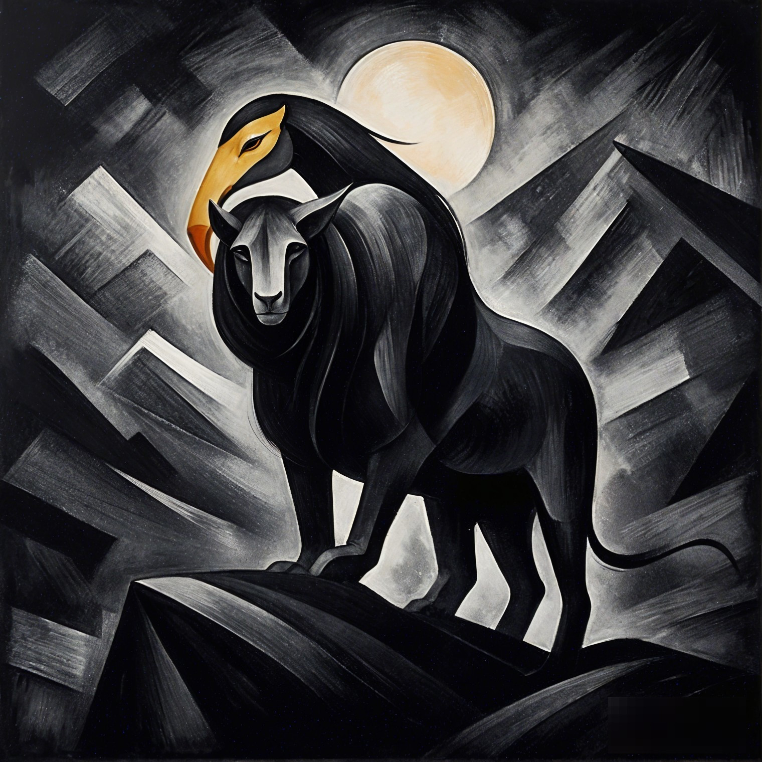 Lion and Eagle Art on Rocky Peak with Moonlight