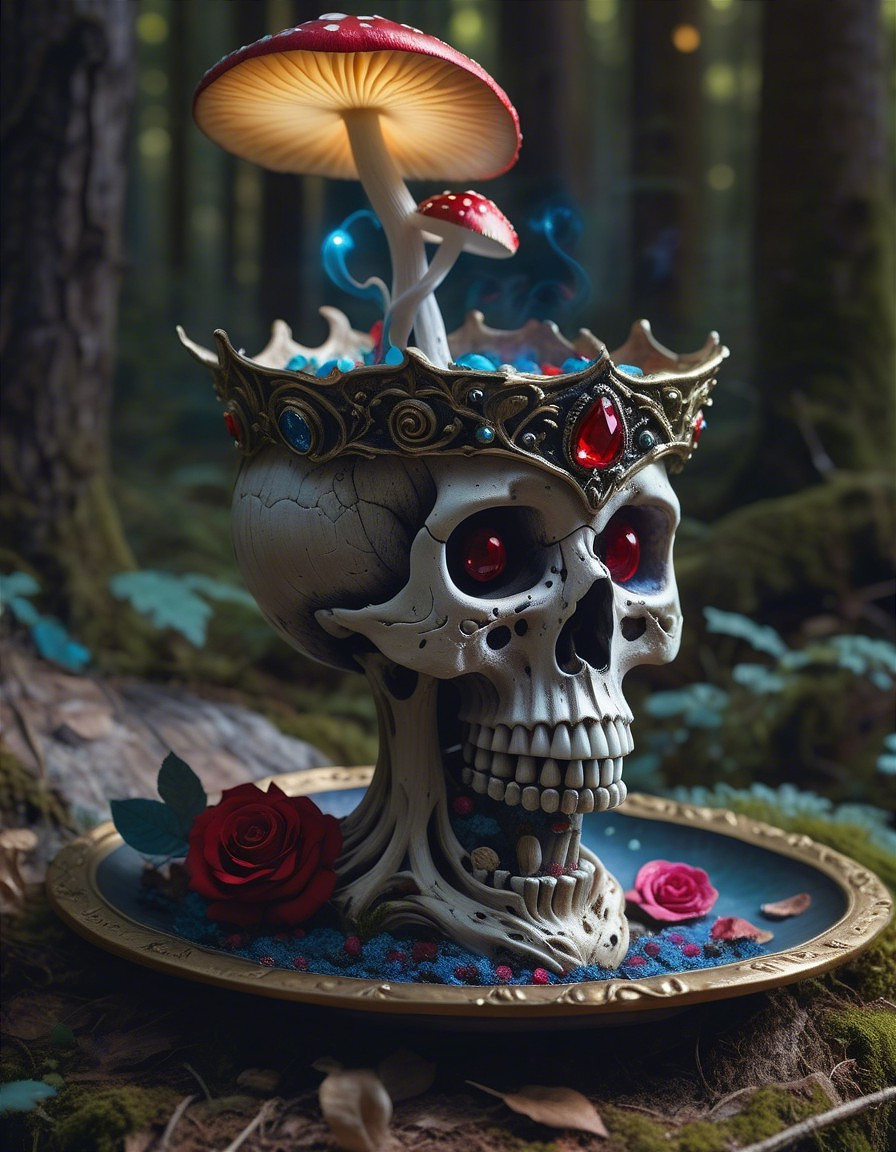 Decorative Skull with Crown in Mystical Forest Setting