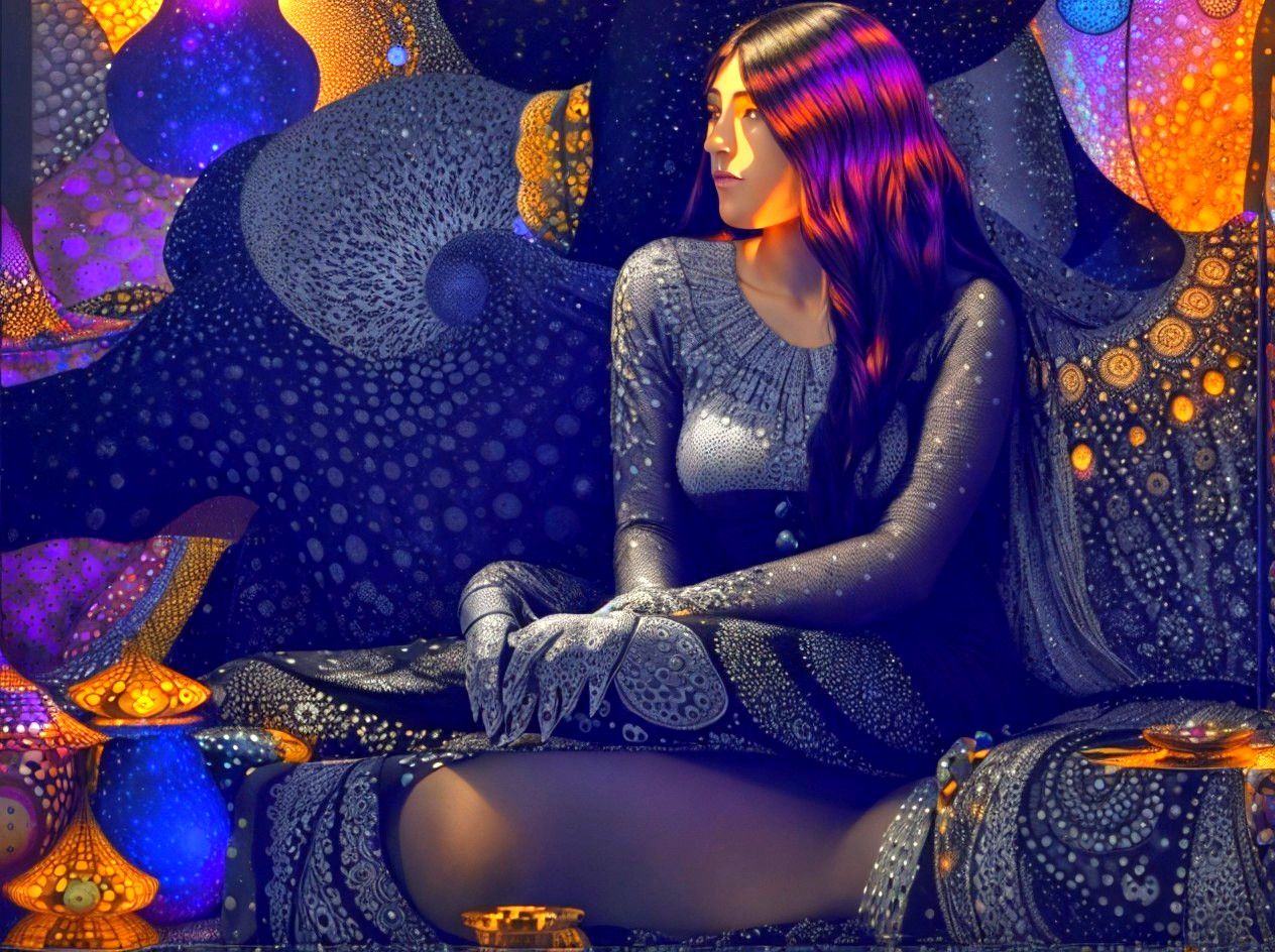 Woman in Intricate Patterns Amidst Cosmic Colors