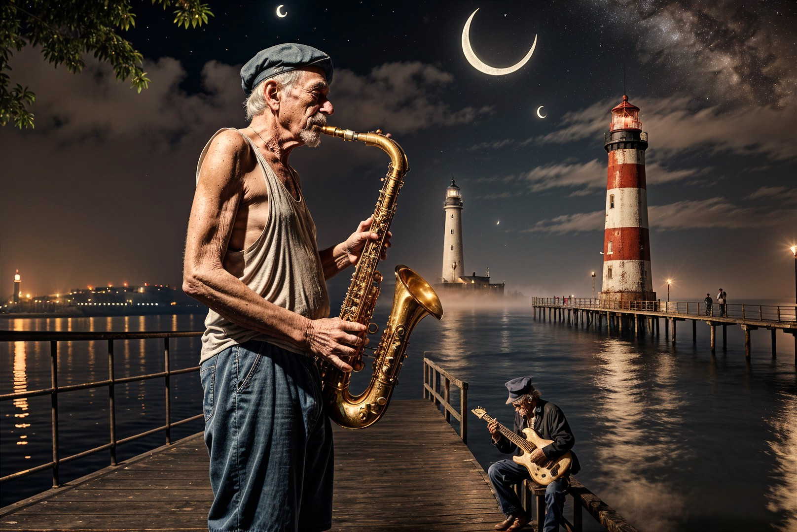 Elderly Saxophonist and Guitarist Perform at Night