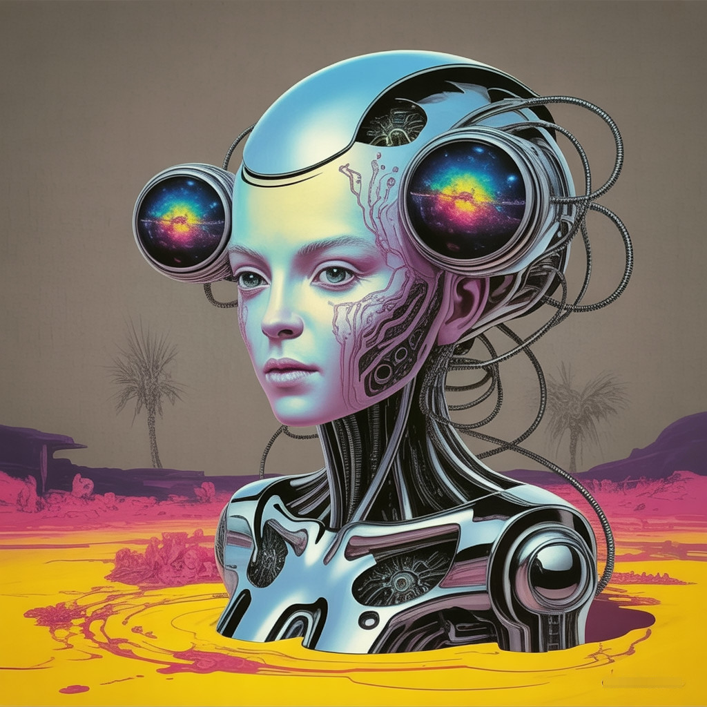 Futuristic humanoid figure in vibrant yellow liquid