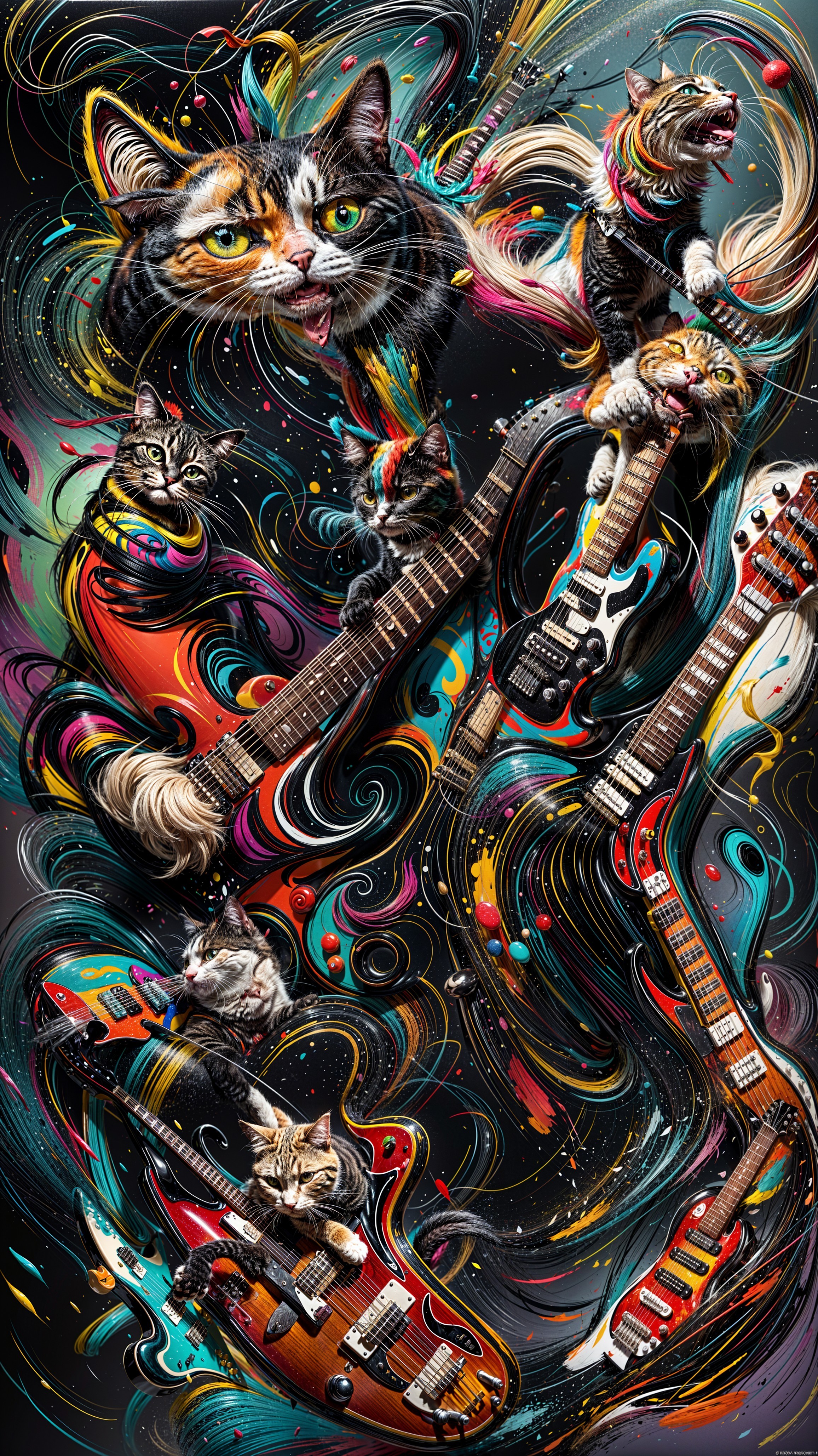 Psychedelic Artwork of Colorful Cats with Guitars