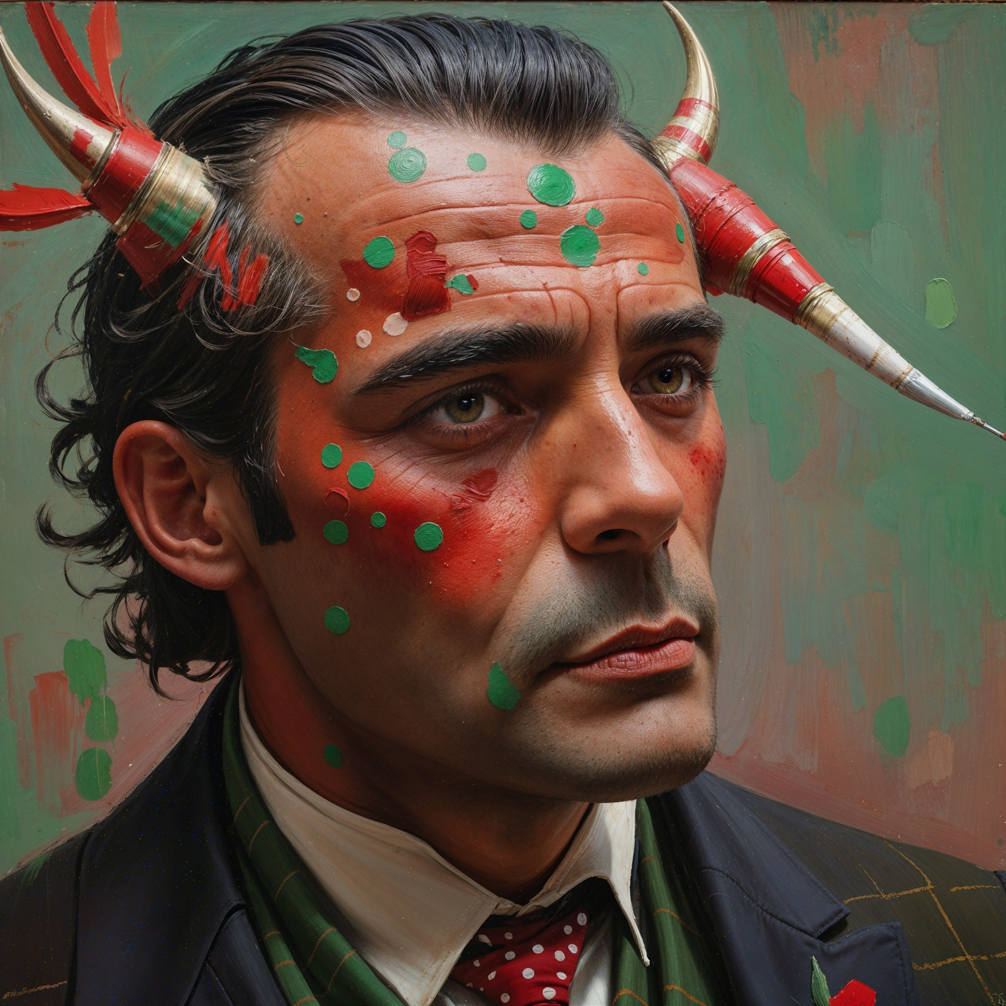 Portrait of a man with vibrant face paint and horns
