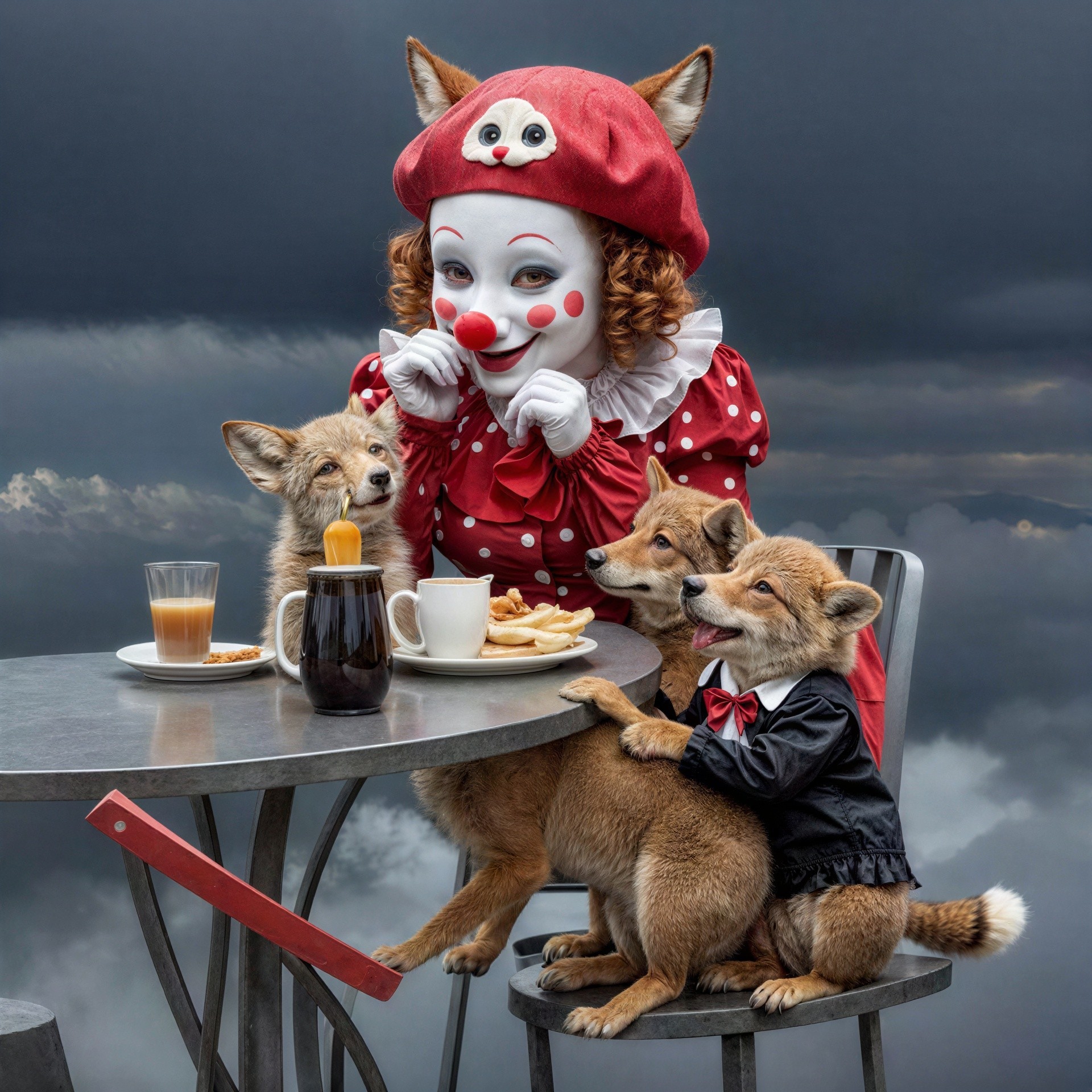 Bizarre Fantasy Art of Clown with Fox Ears and Pups