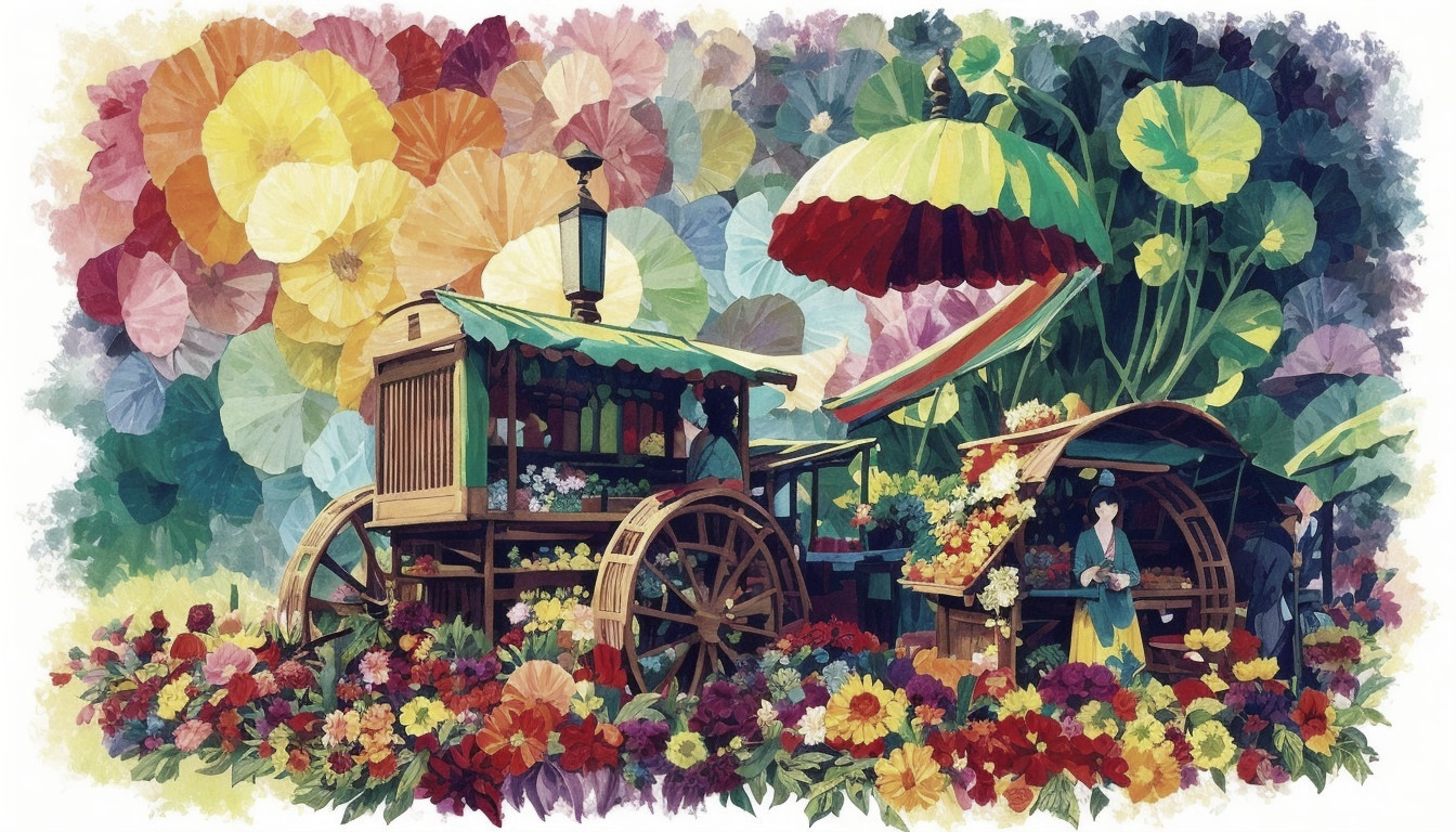 Decorative cart with colorful flowers under an umbrella