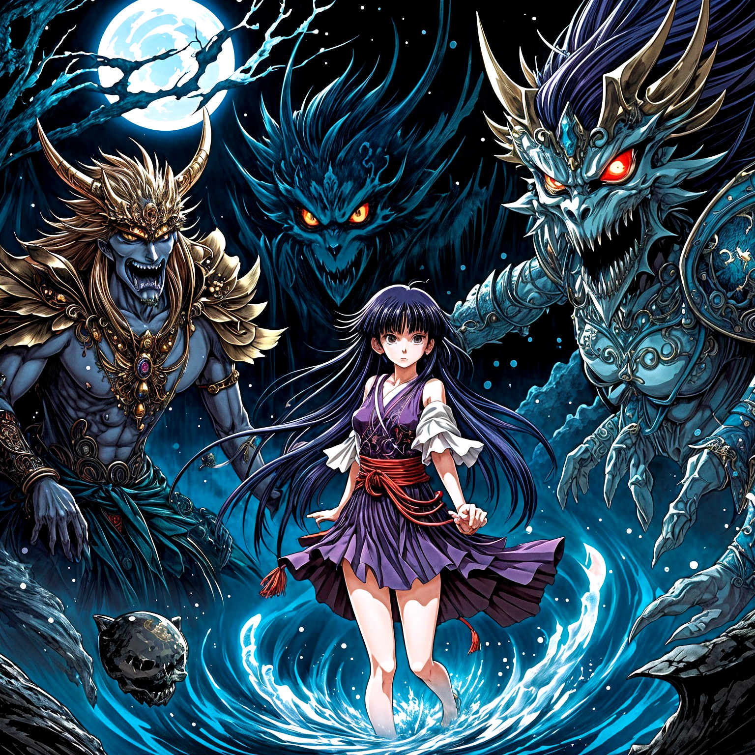 Young girl in purple dress amidst dark mist and creatures
