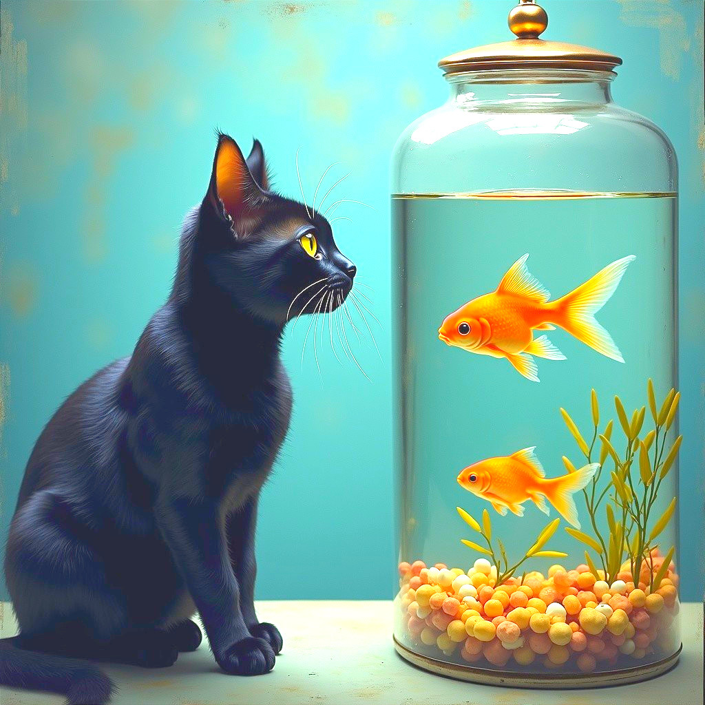 Black Cat Observes Goldfish in Glass Jar Setting