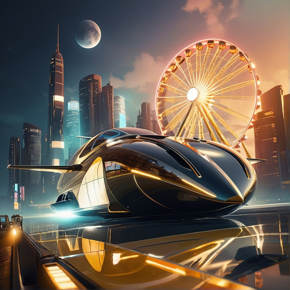 Futuristic Cityscape with Hovercraft and Skyscrapers