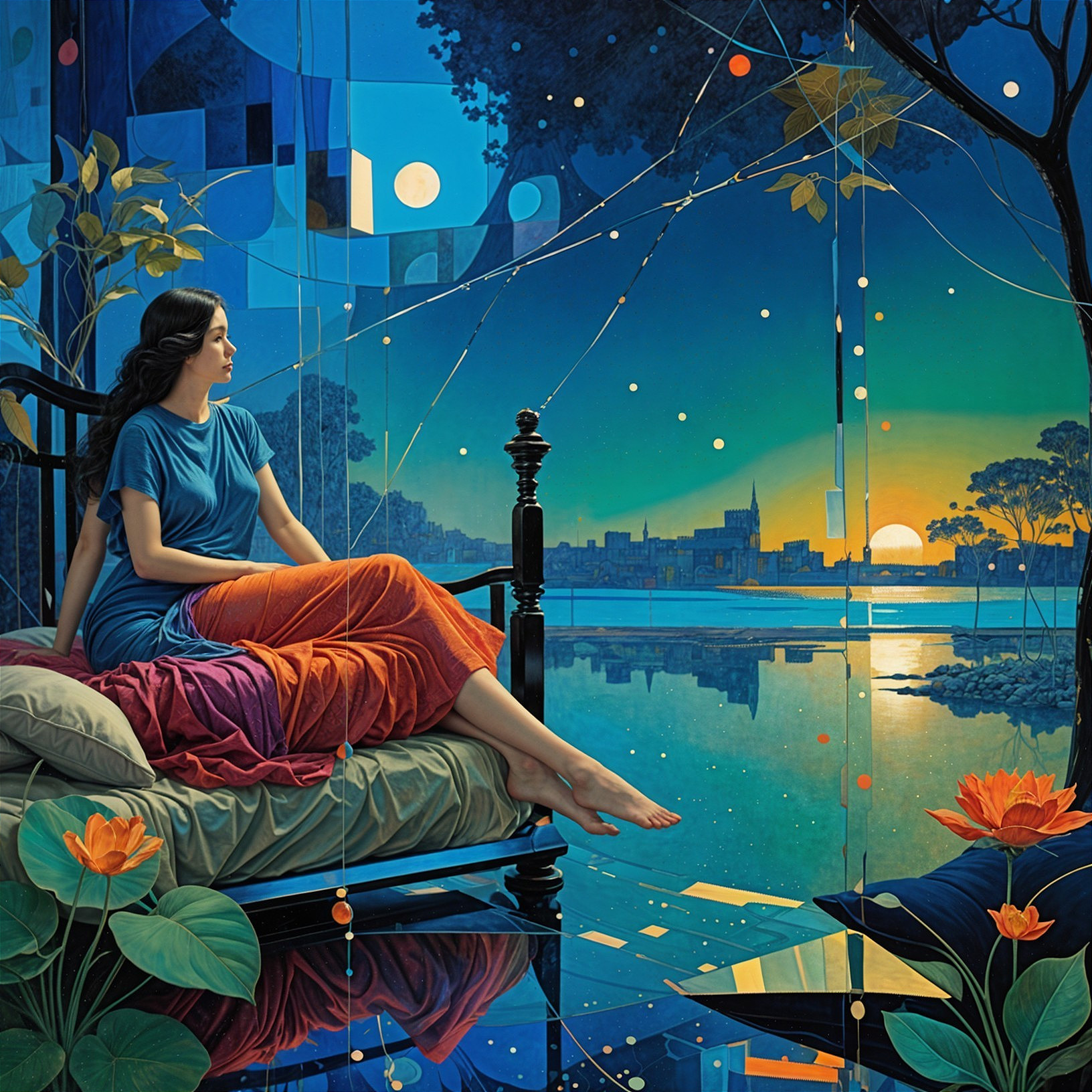 Serene Nighttime Scene with Colorful Fabrics and Sunset