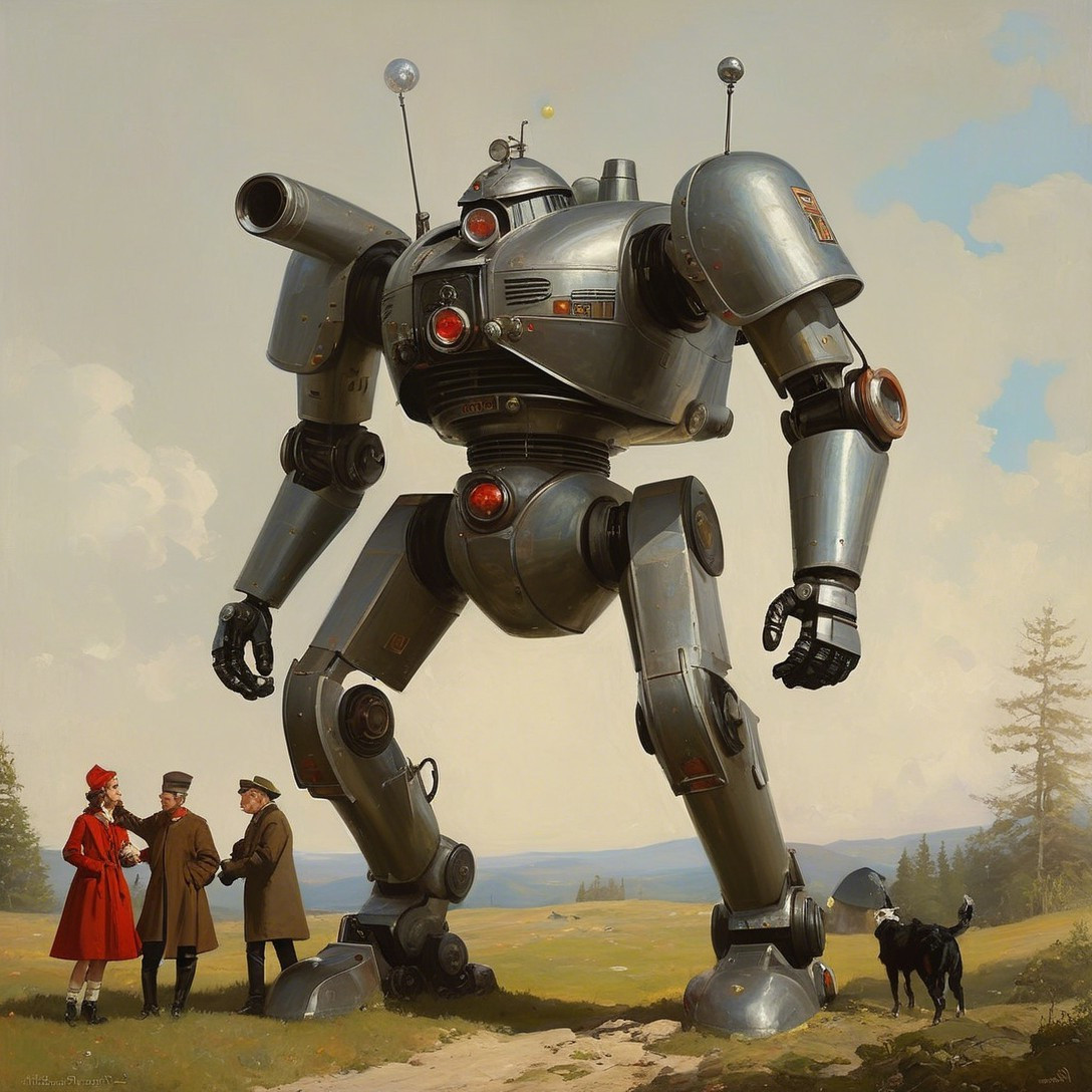 Photorealistic Painting of a Giant Silver Robot in Field
