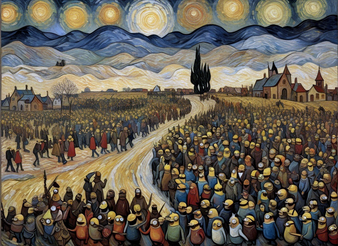 Vibrant Landscape with Diverse Crowd on Winding Road