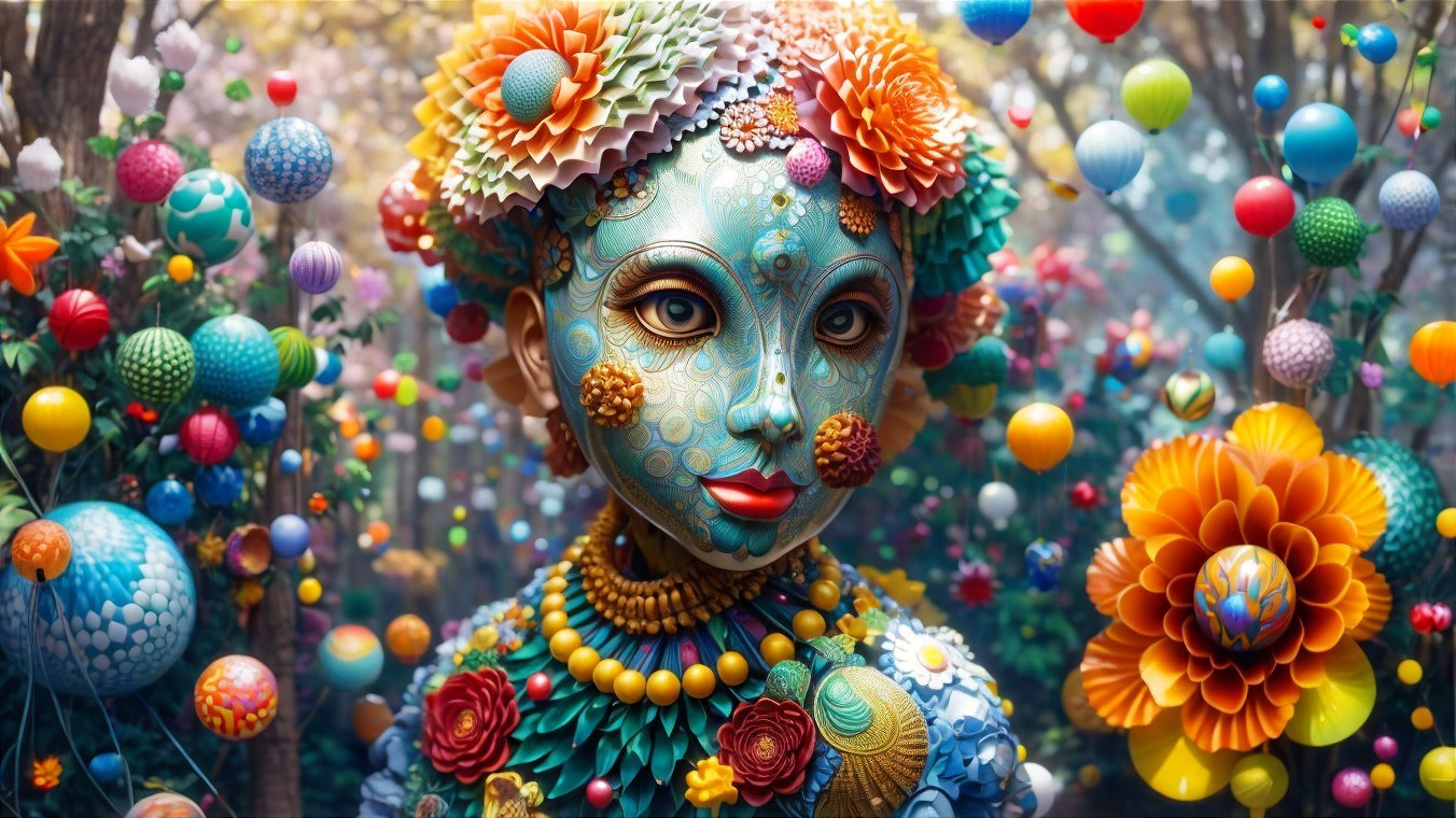 Intricate figure in a whimsical garden of colors