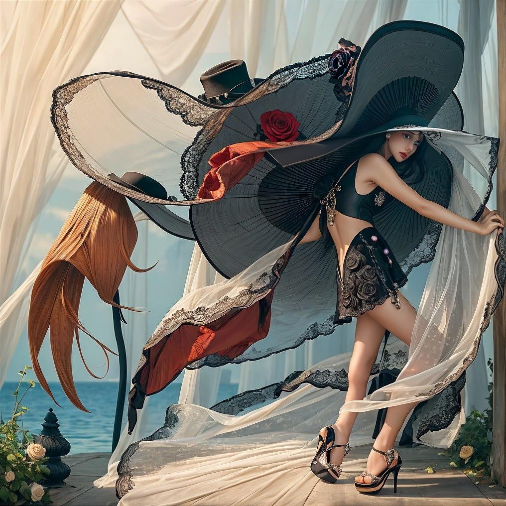 Fashion Scene with Model in Oversized Hat and Ocean View