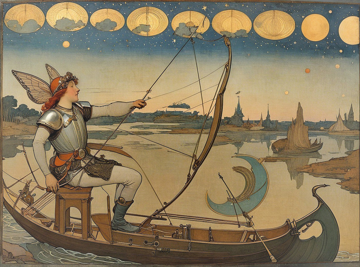 Mythical Winged Figure on Decorative Boat at Night