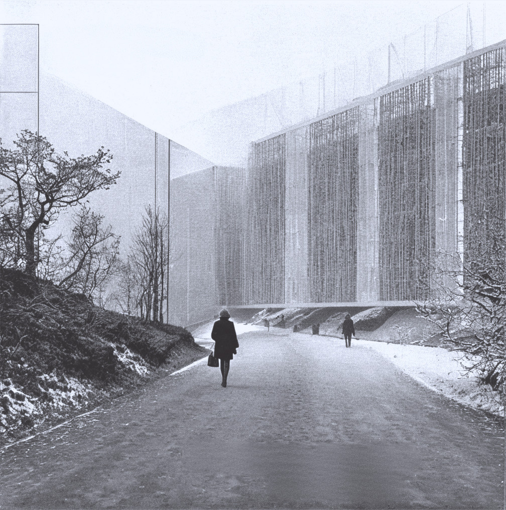 Solitary Figure Walking Towards Industrial Structure in Fog