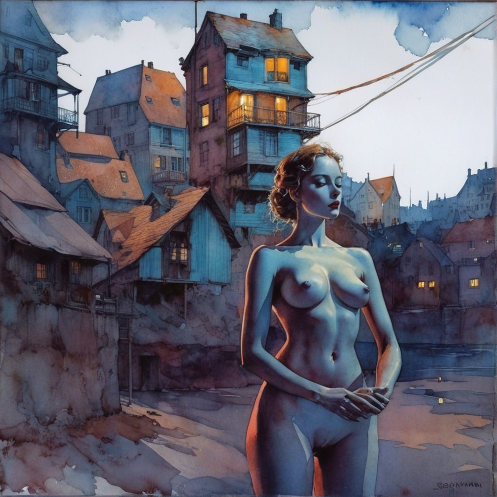 Watercolor Scene of Woman by Tranquil Waterway