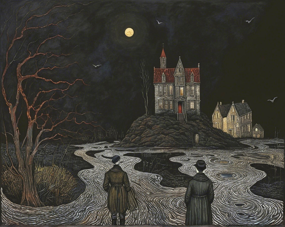 Moonlit Landscape with Figures and Eerie Mansion