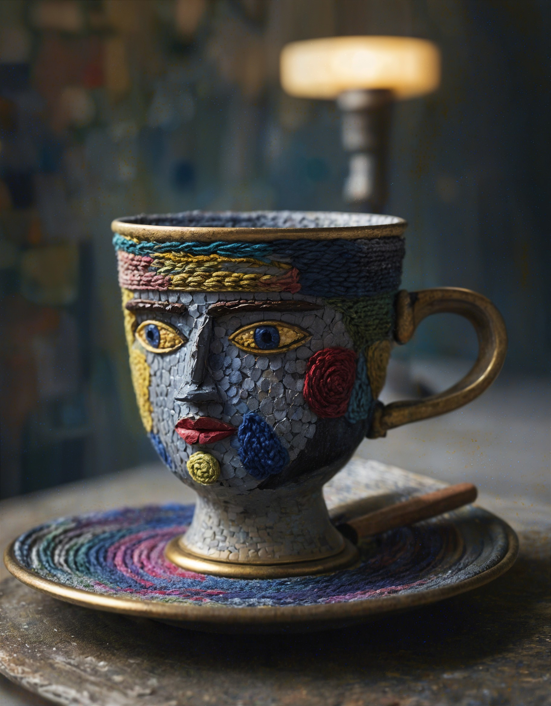 Ceramic Cup with Intricate Face Design and Plate