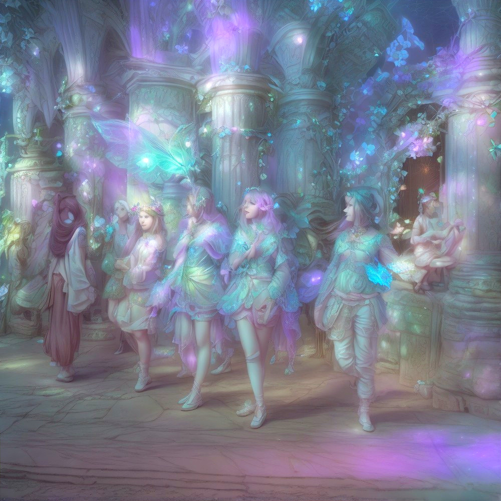 Ethereal Fairies Dancing Among Ancient Stone Columns