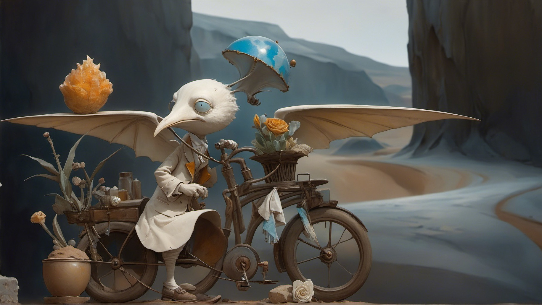 Whimsical Bird Character on Unique Bicycle Design