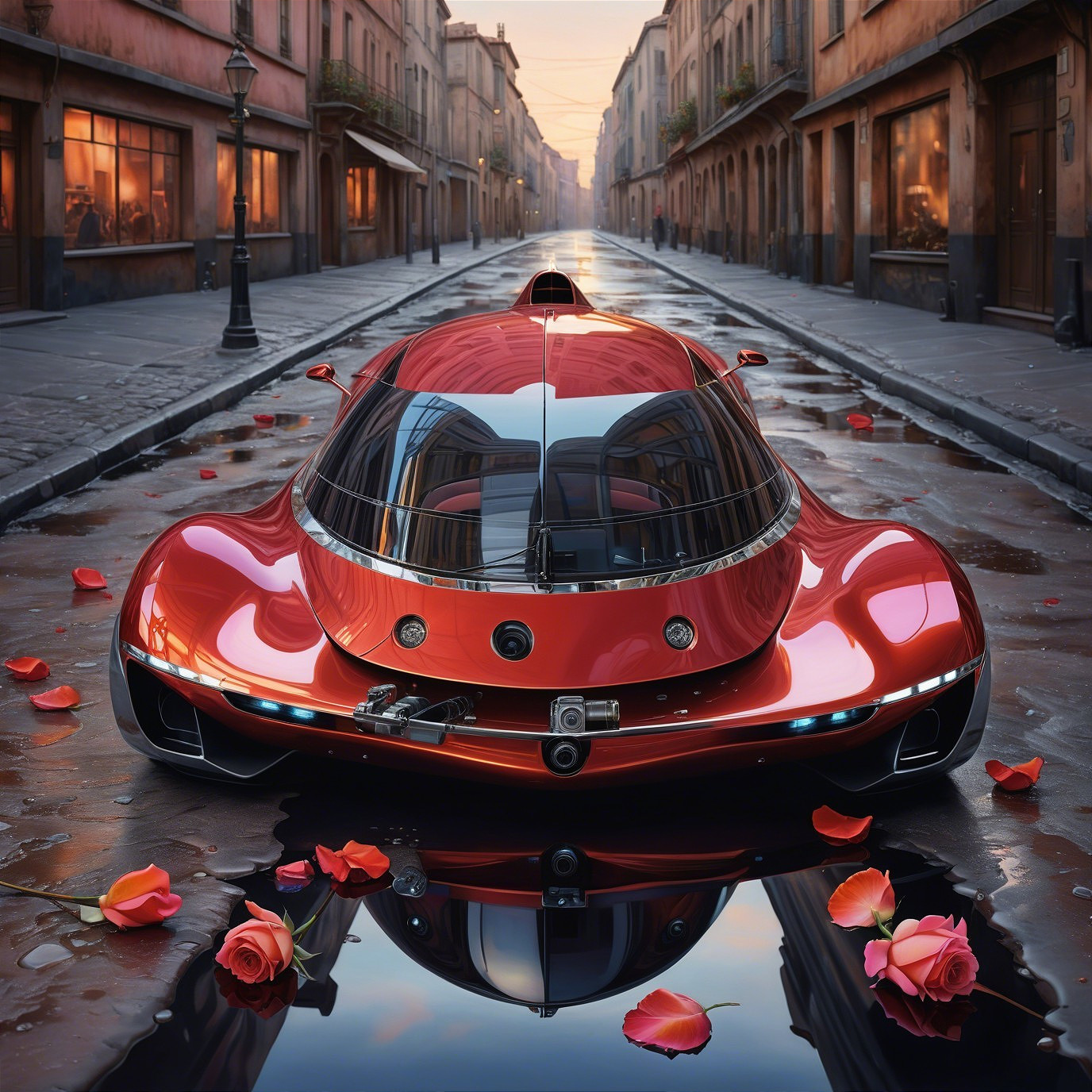 Futuristic Red Car on Cobblestone Street with Rose Petals