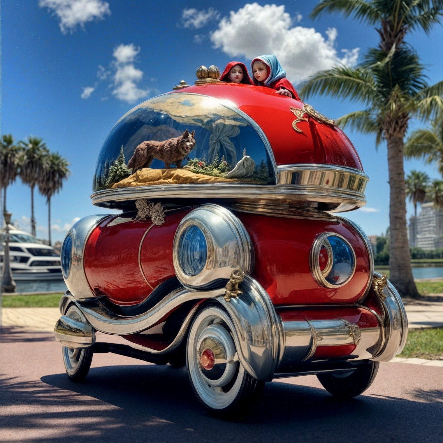Vintage Car with Dolls in Glass Dome and Scenic Backdrop