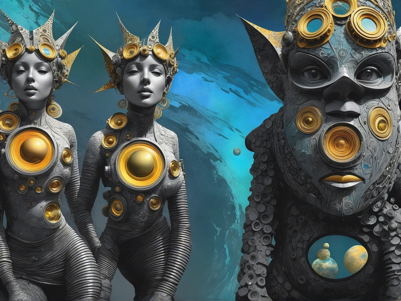 Futuristic humanoid figures in cosmic metallic designs