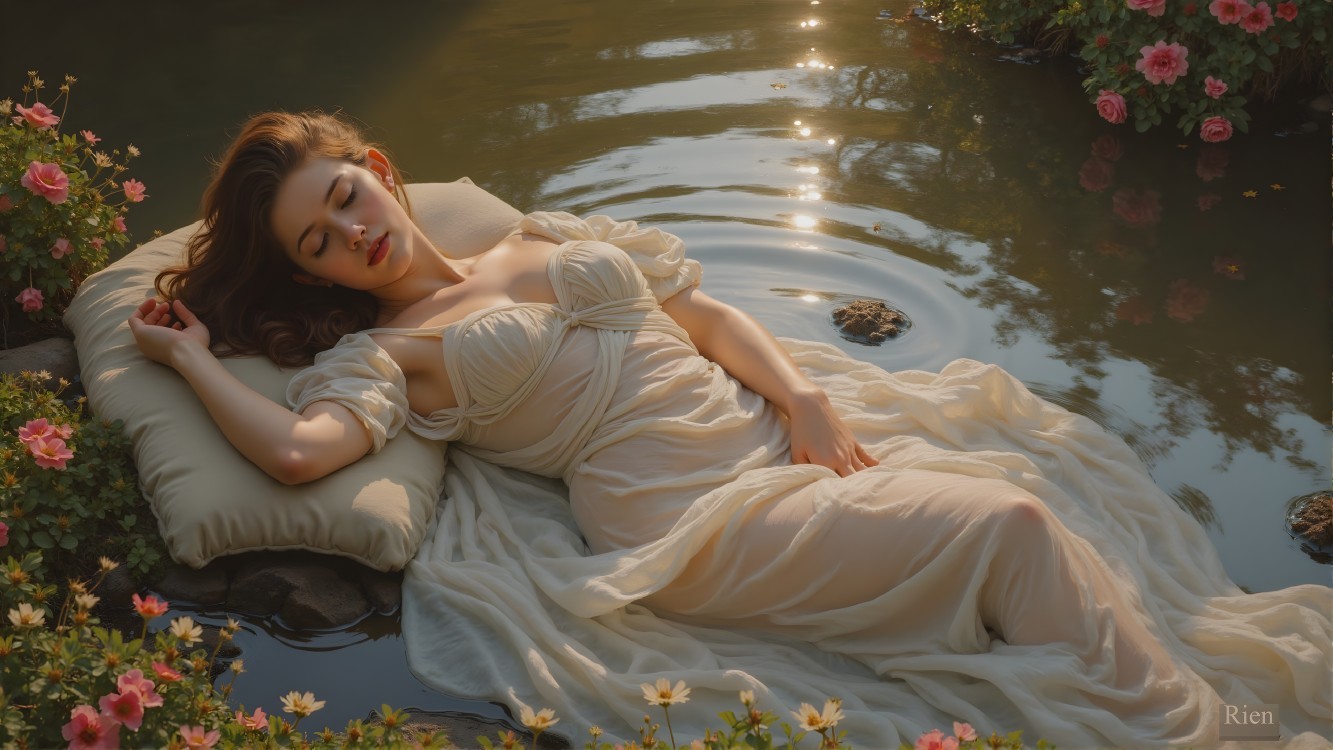 Young woman resting on a pond with flowers and sunlight
