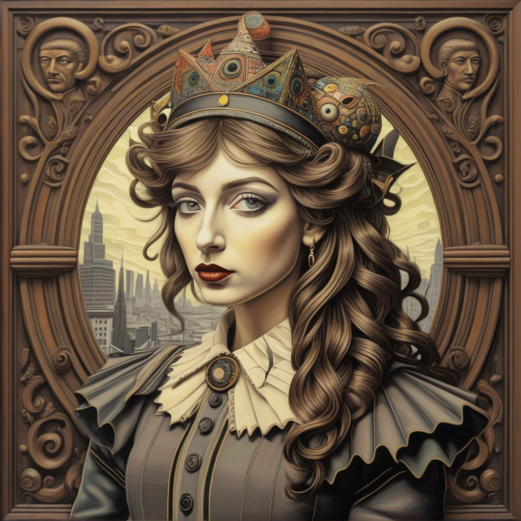Regal figure with crown and modern cityscape backdrop