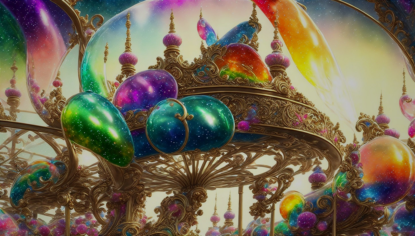 Vibrant Golden Architecture with Colorful Gemstones