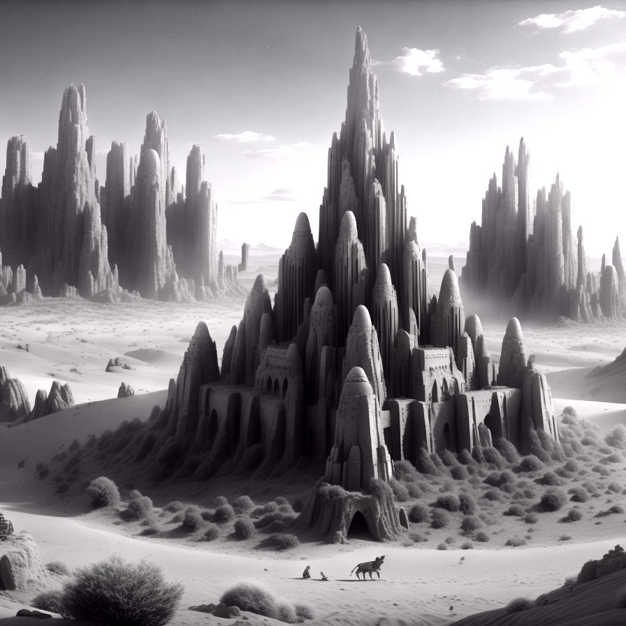 Surreal Black-and-White Landscape with Figures and Donkey