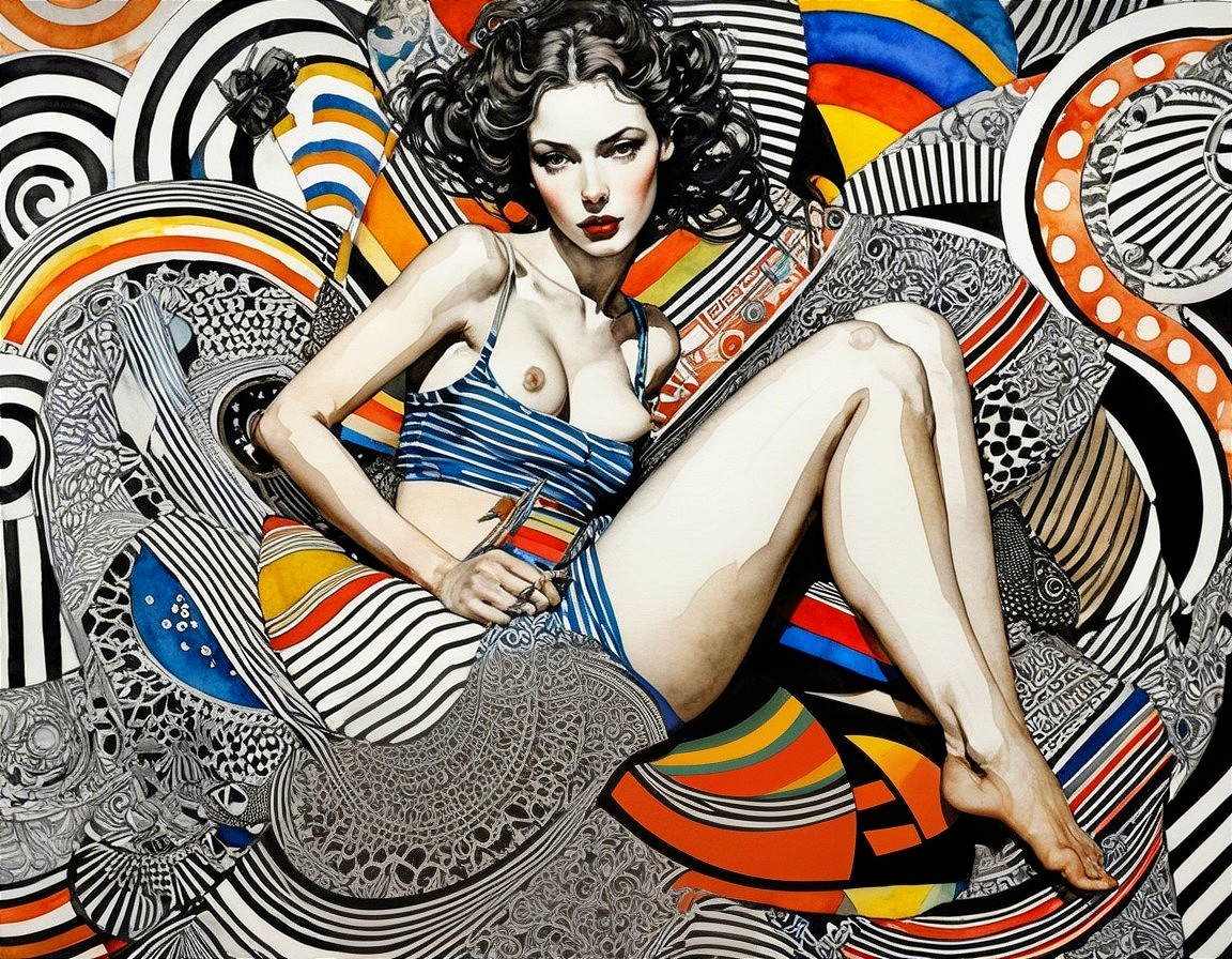 Artwork of a Woman in a Blue Striped Bikini